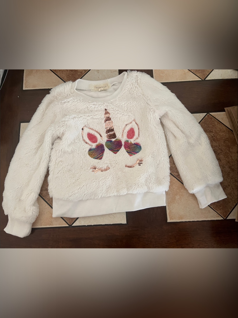 btween Cream Fuzzy Unicorn Sequin Sweatshirt with Rainbow Details
